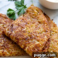 Swiss potato rosti, folded and beautifully plated with a fresh parsley garnish.