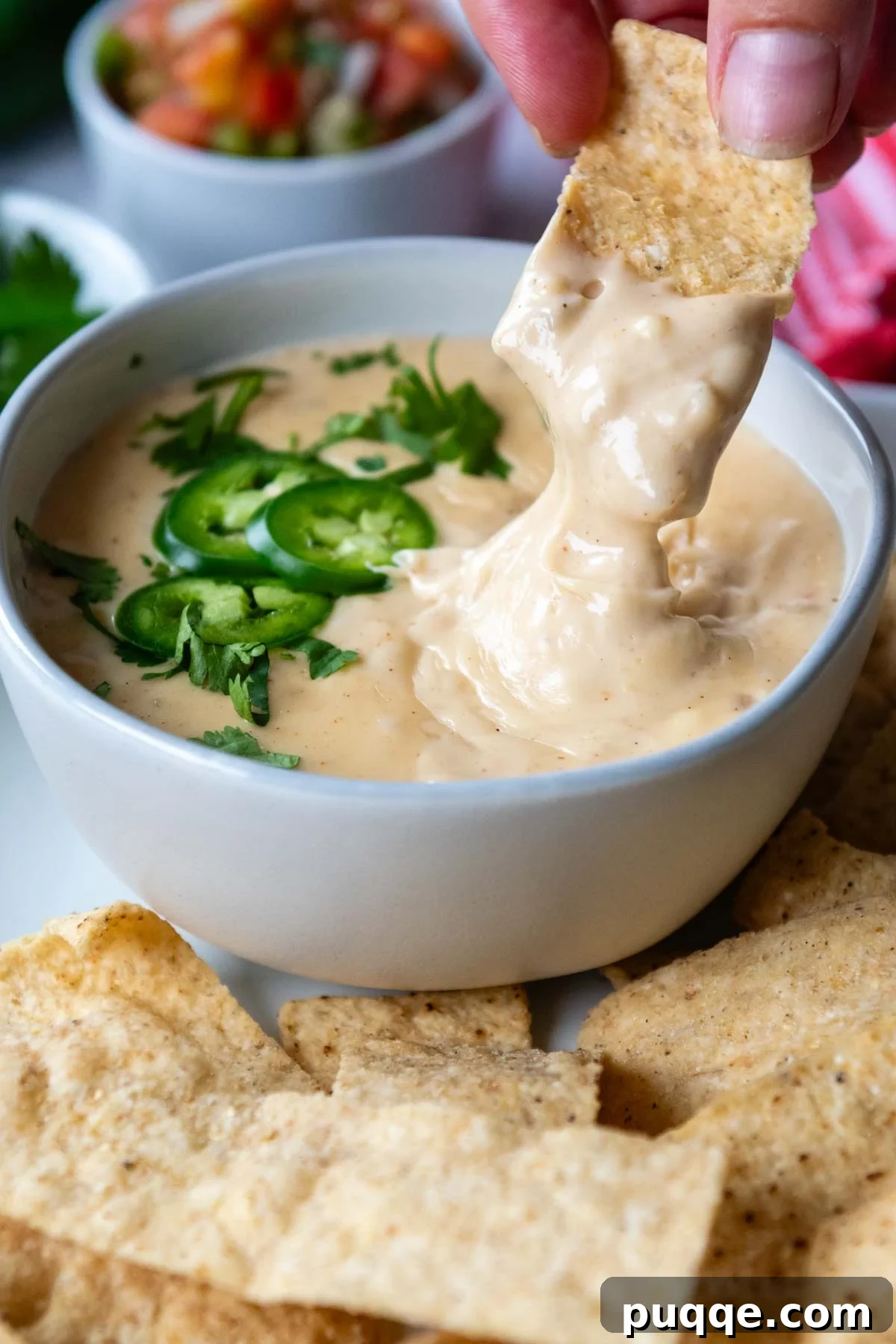A tortilla chip being dipped into a bowl of gluten-free queso cheese sauce, garnished with fresh jalapeño slices.