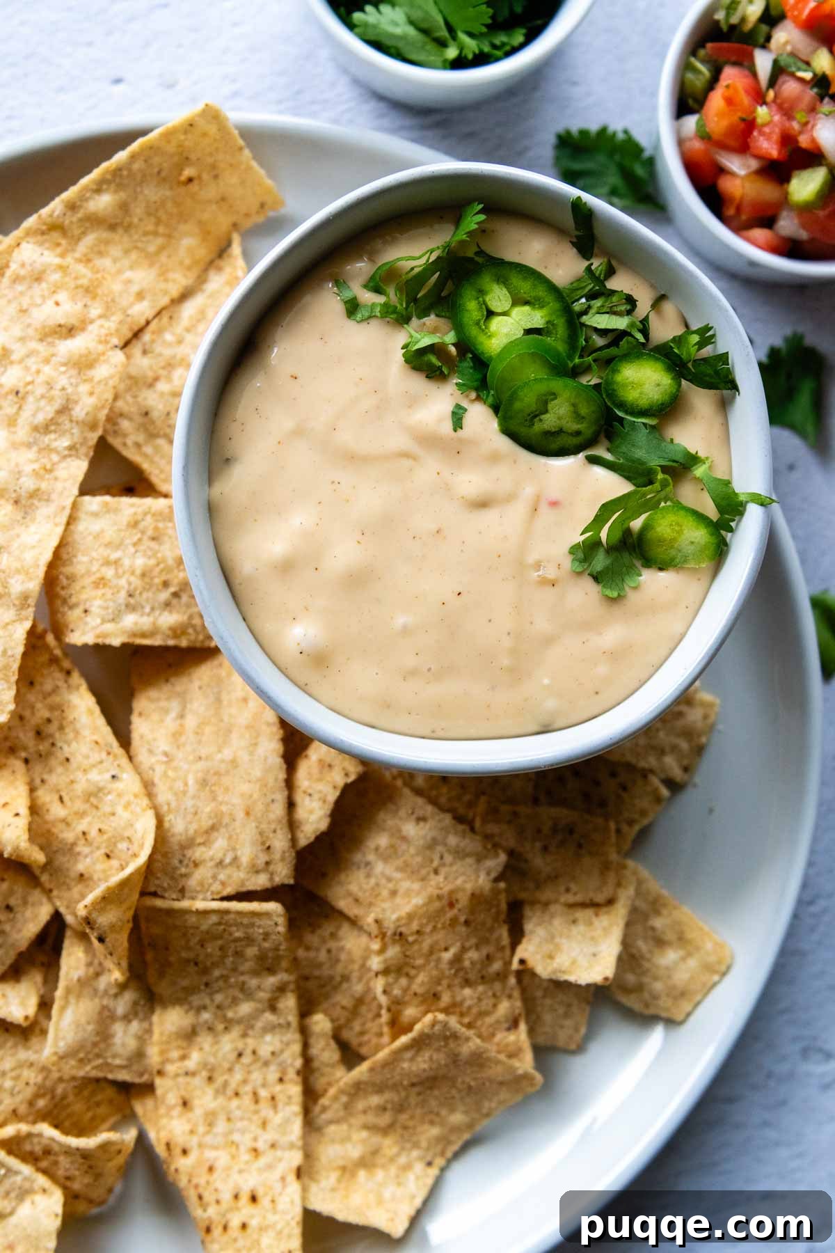 An overhead shot of a bowl of creamy queso cheese sauce, garnished with jalapeño, surrounded by a plate of golden tortilla chips.