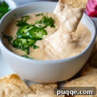 A tortilla chip being dipped into a bowl of gluten-free queso cheese sauce garnished with jalapeño.