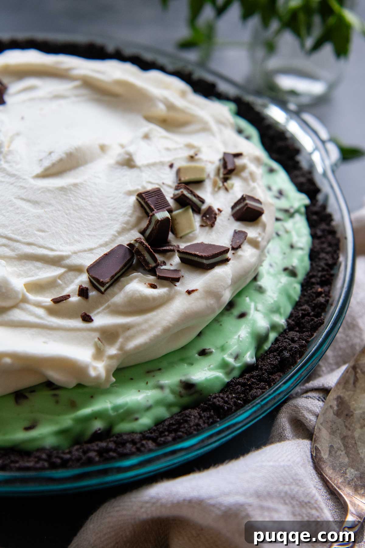 No Bake Chocolate Mint Dream Pie 7 A beautifully completed Andes mint pie, showcasing distinct layers of fluffy whipped topping, vibrant mint filling, and dark chocolate crust, ready to be served.