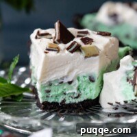 No Bake Chocolate Mint Dream Pie 9 Slice of mint pie on a glass plate.