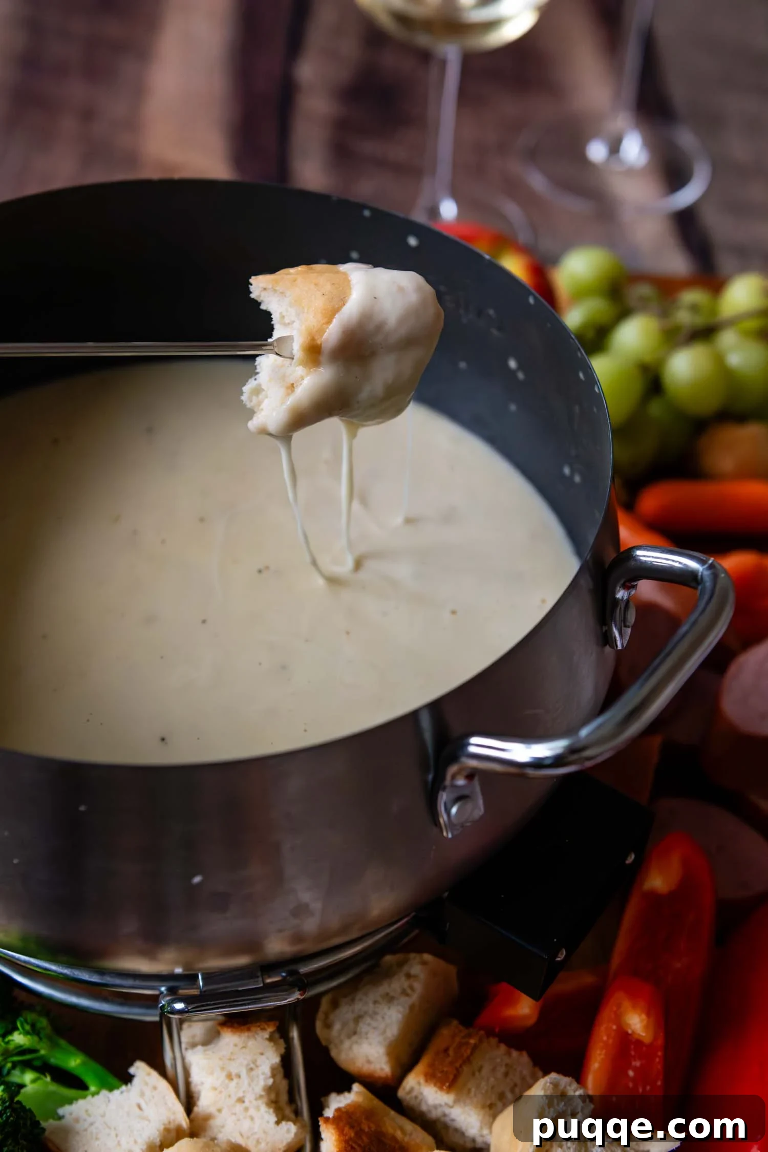 Effortless Creamy Gluten-Free Cheese Fondue 2 A piece of artisanal gluten-free bread, perfectly golden and slightly crisp, emerges from a bubbling pot of creamy Swiss cheese fondue, dripping with rich, molten cheese. The texture of the bread is clearly visible, promising a delightful crunch before meeting the smooth fondue.