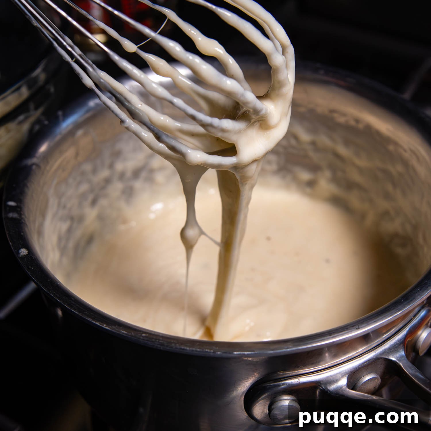 Effortless Creamy Gluten-Free Cheese Fondue 6 Rich, molten cheese fondue gracefully drips from a whisk back into the pot, showcasing its perfect creamy consistency. The warm, inviting texture promises delicious dipping.