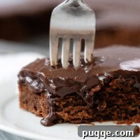 Gluten-Free Texas Sheet Cake on a white plate with a fork.
