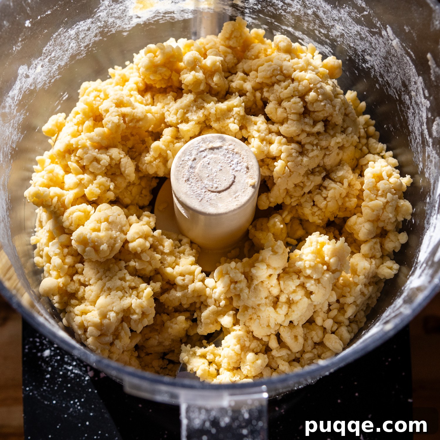 Pasta ingredients being mixed in food processor.