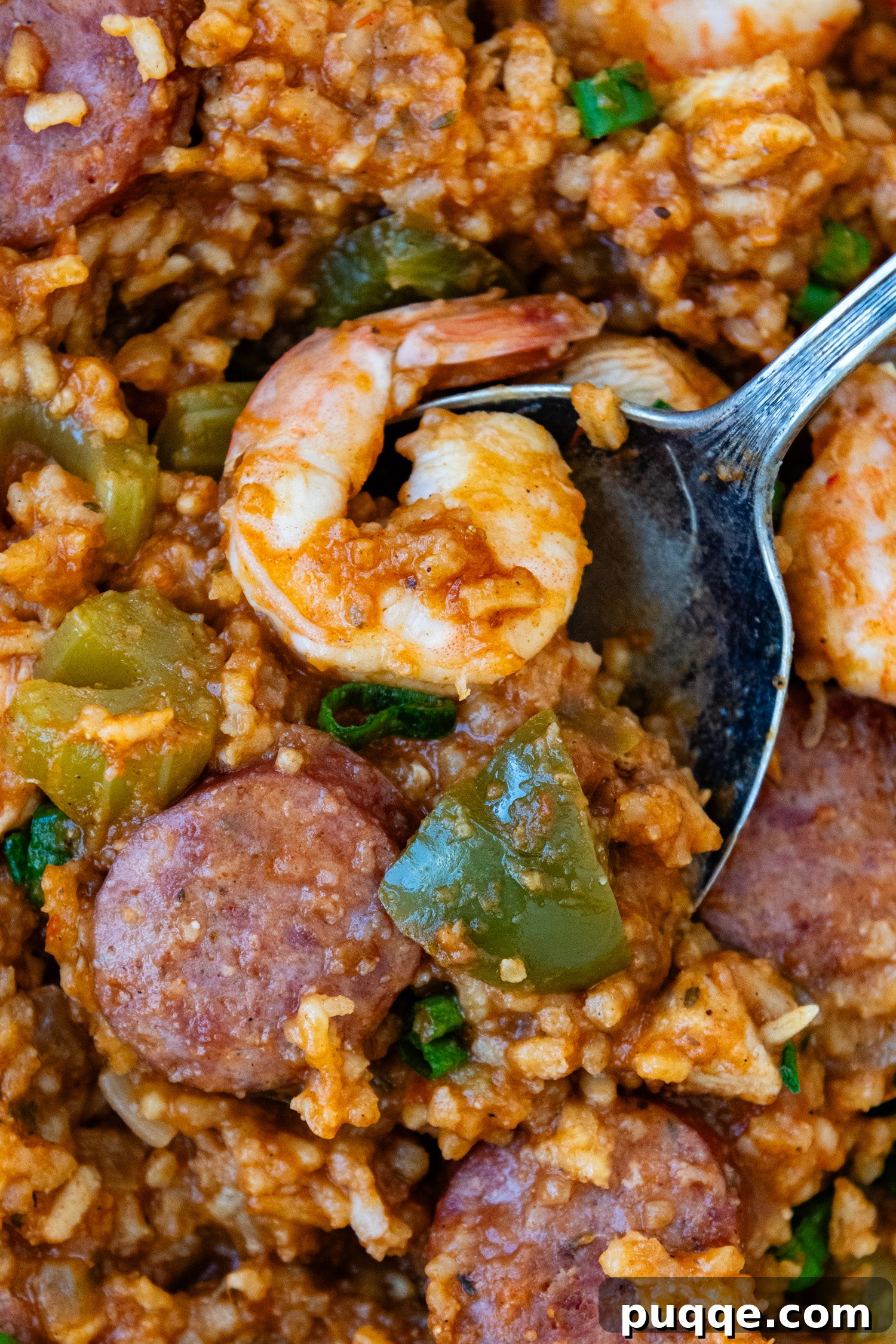 Tam Tadında Glutensiz Tek Tencere Jambalaya 10 Close-up of a spoonful of gluten-free jambalaya, showing shrimp, sausage, chicken, and rice.