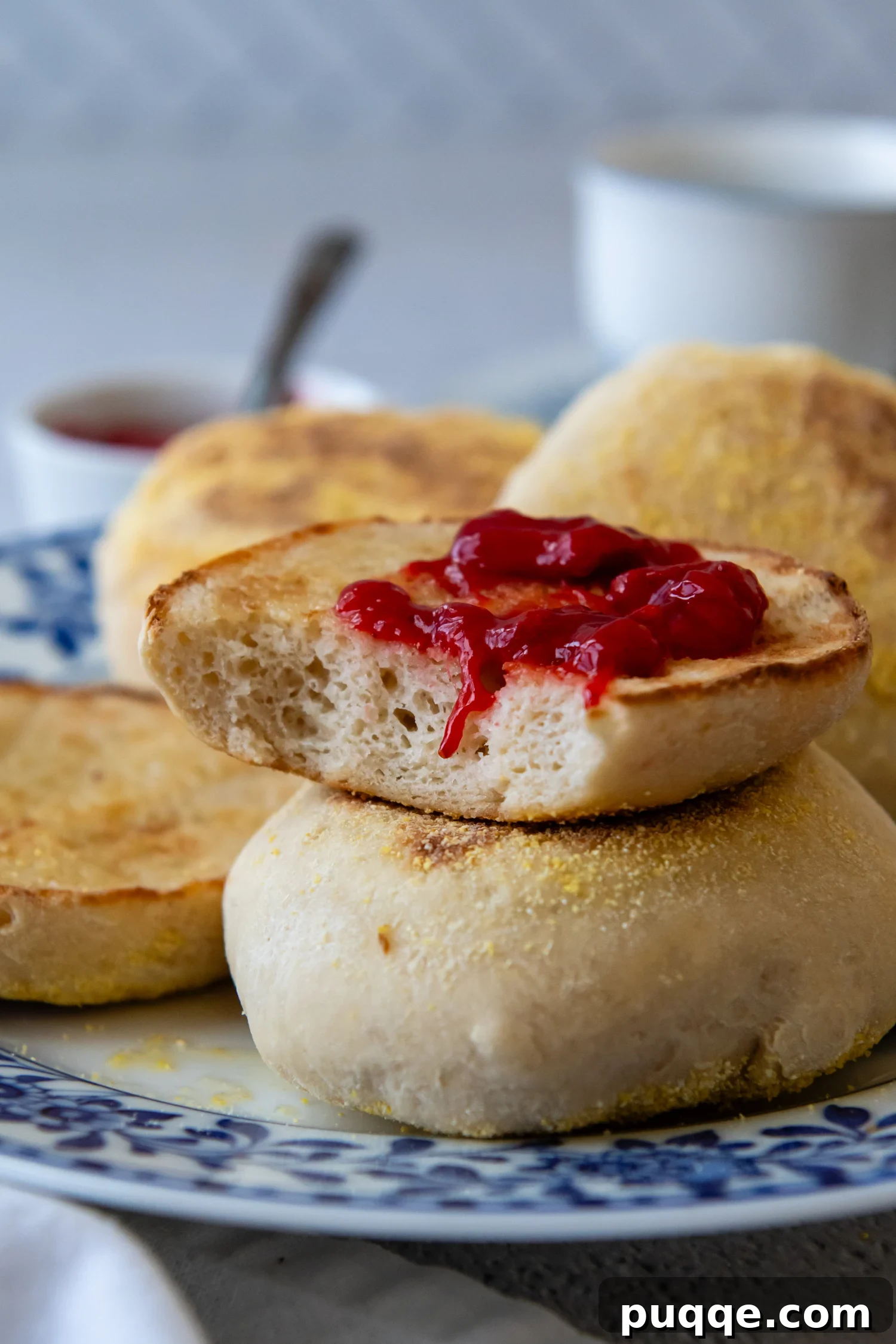 Gluten-Free English Muffin topped with preserves.