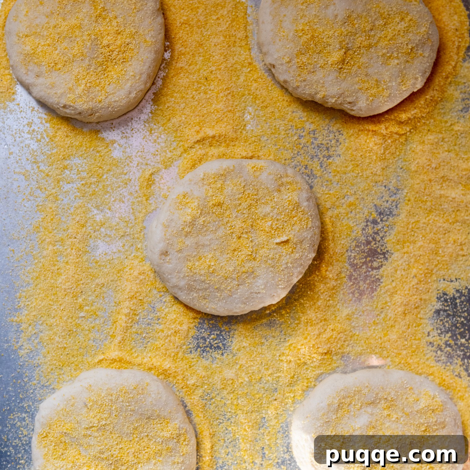 Overhead shot of flattened dough on baking sheet sprinkled with corn meal.
