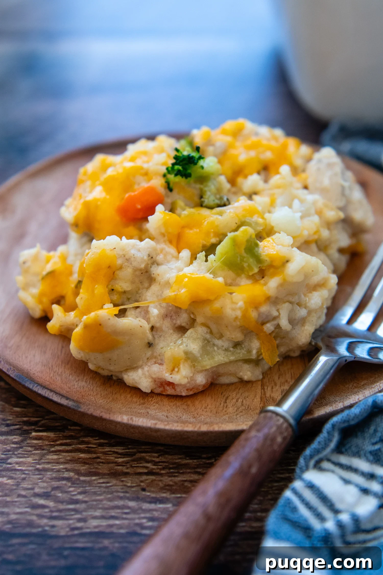 Wholesome & Creamy Gluten-Free Chicken Bake 2 A generous serving of Gluten-Free Chicken Rice Casserole on a white plate with a fork, showcasing melted cheese, tender chicken, and colorful vegetables.