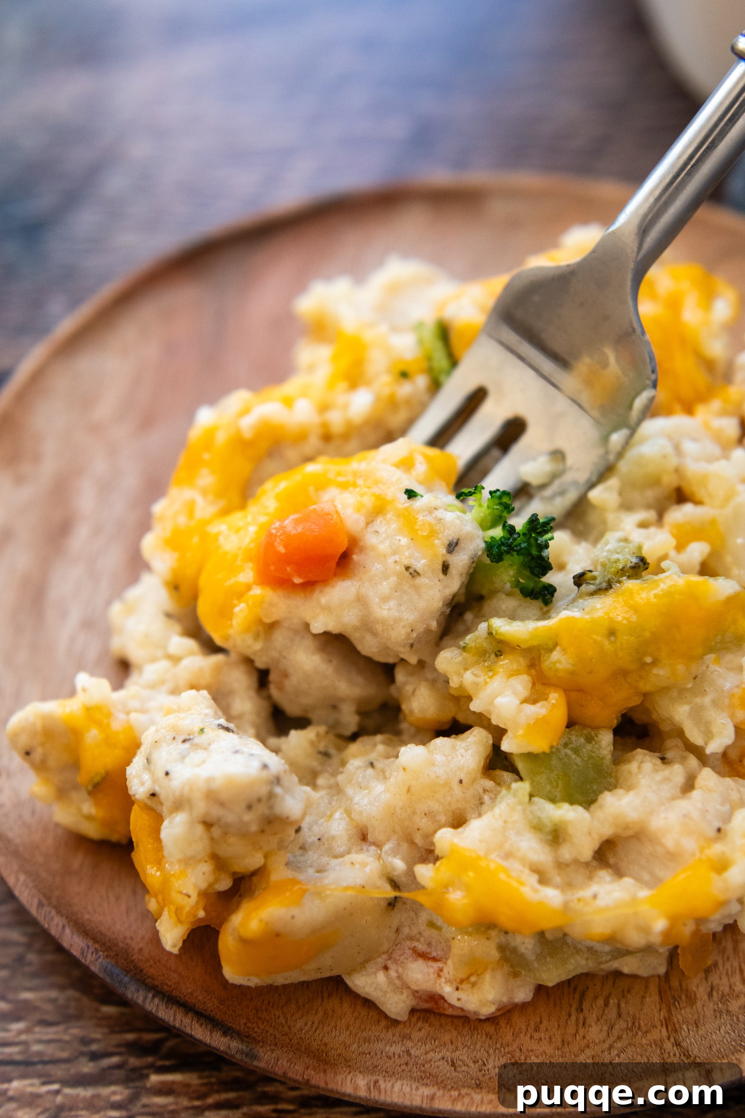 Wholesome & Creamy Gluten-Free Chicken Bake 9 A close-up shot of a fork lifting a perfect bite of Gluten-Free Chicken Rice Casserole, showing tender chicken, rice, and a piece of carrot.