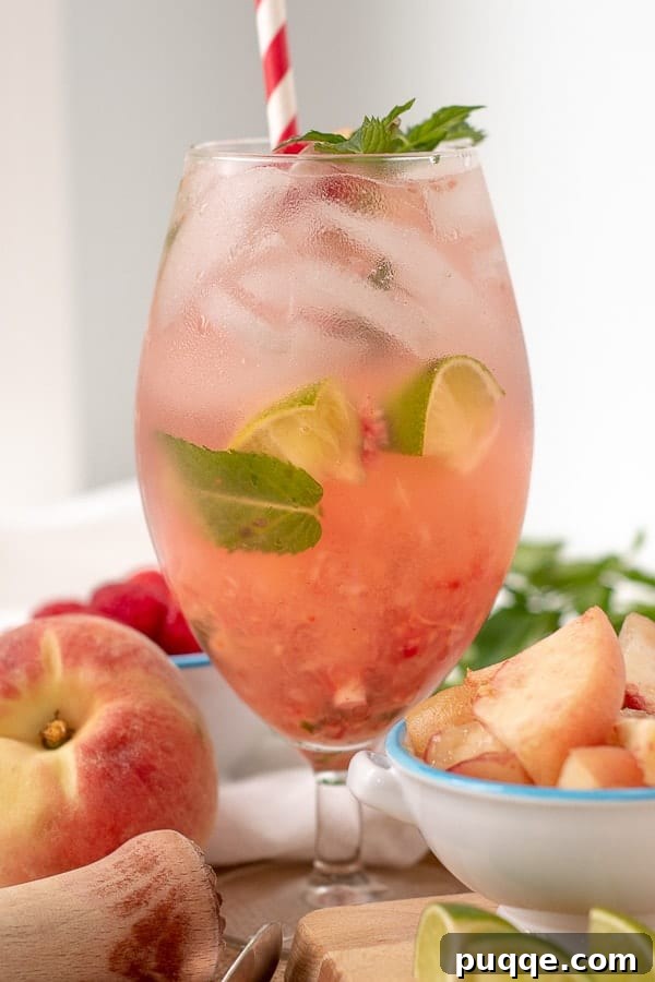 Ultimate Raspberry Peach Mojito 2 A Raspberry Peach Mojito in a tall glass with cut up peaches and muddler next to it