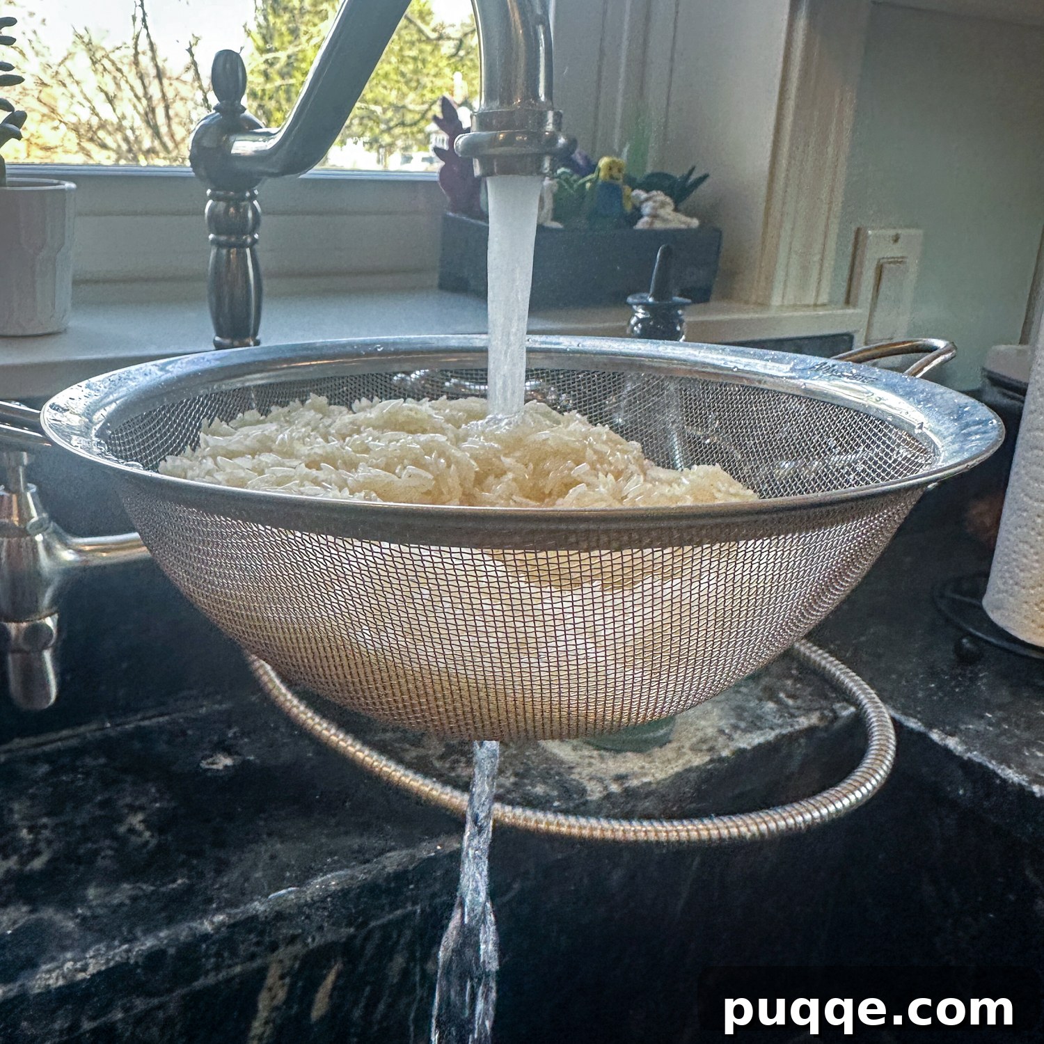 Quick Gluten-Free Fried Rice: Your Perfect Weeknight Meal 3 Raw jasmine rice being thoroughly rinsed in a colander under running water in a sink.