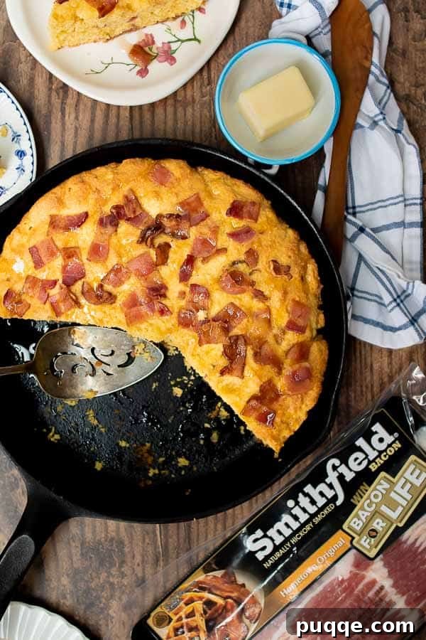 an overhead shot of bacon cornbread with a slice cut out and plates around iron skillet