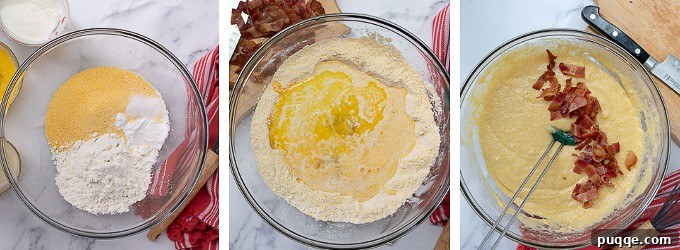 first 3 steps of making bacon cornbread