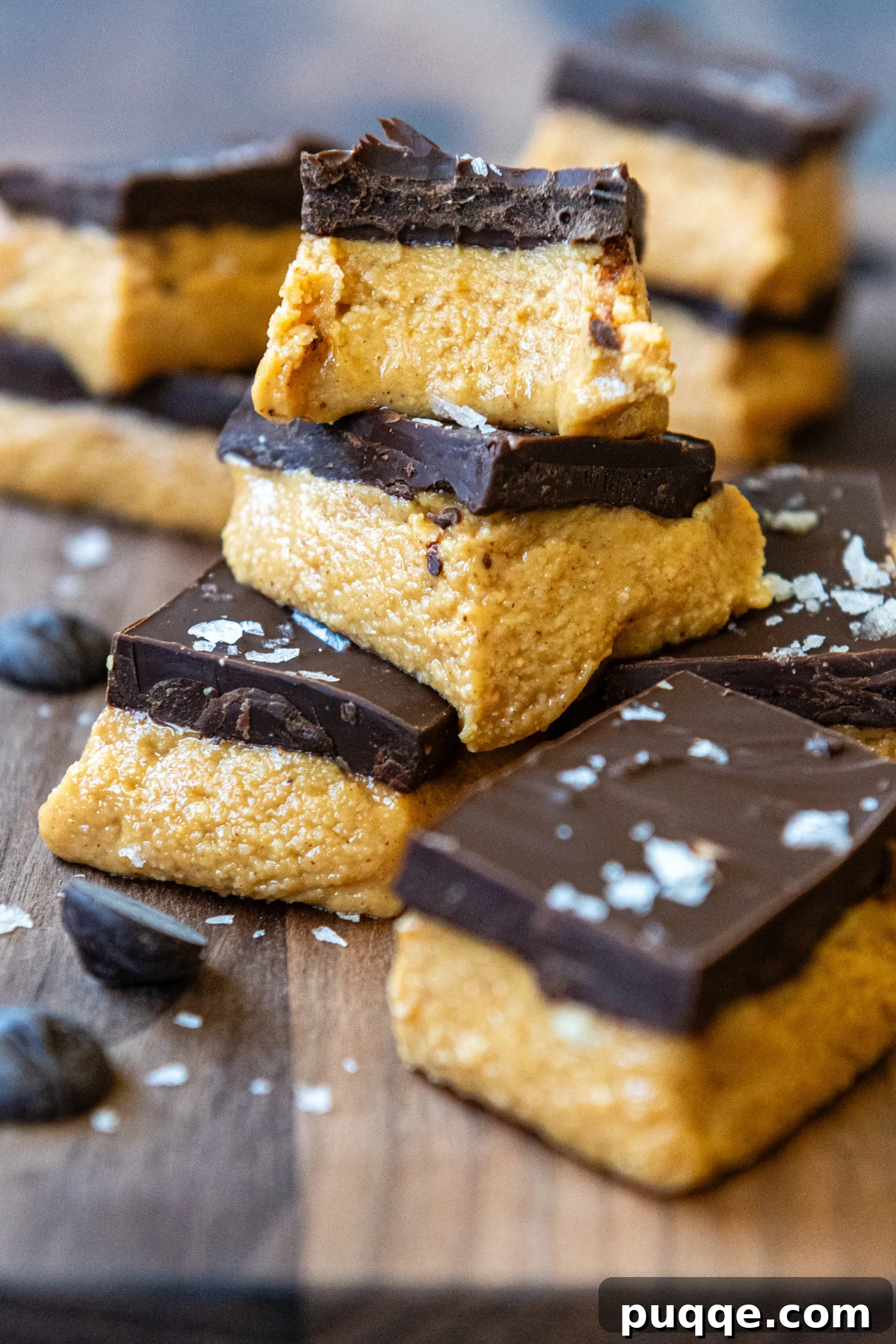 Gluten Free Peanut Butter Bars cut and stacked on a cutting board, showcasing the thick peanut butter base and rich chocolate topping.