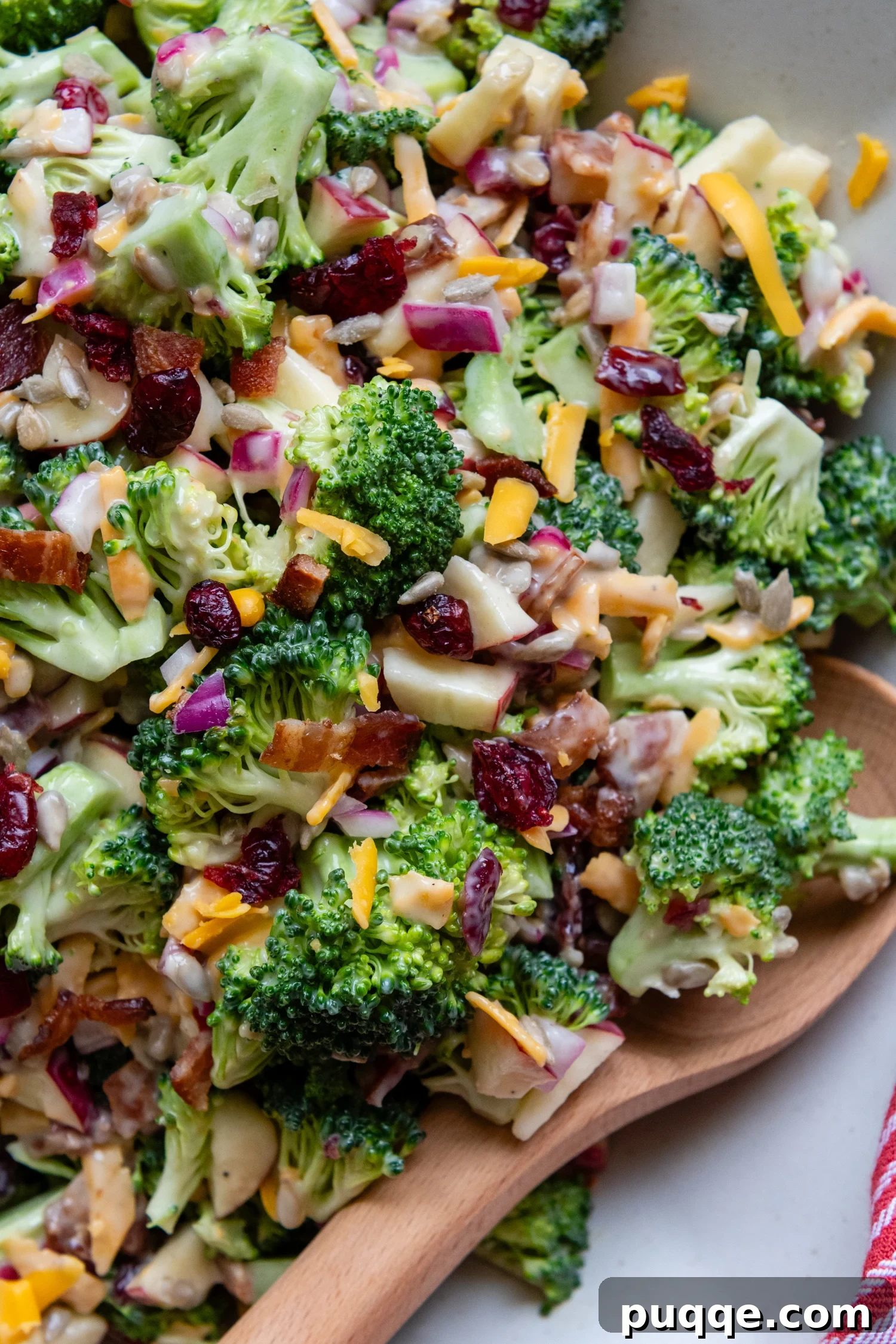 A close-up shot of a vibrant, crunchy gluten-free broccoli salad, showcasing its rich textures and colors from broccoli florets, bacon, cheddar, cranberries, and sunflower seeds.