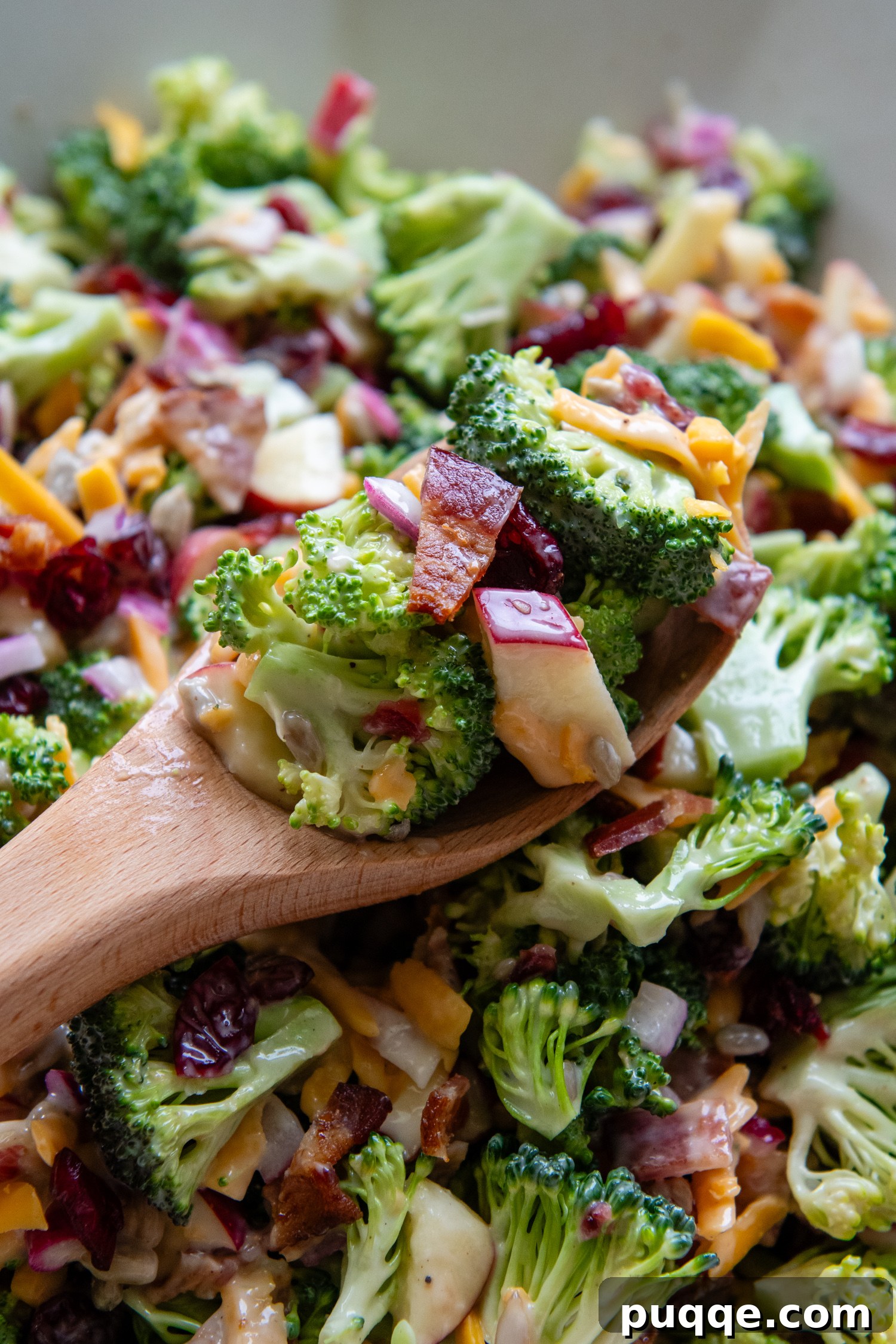 A serving of crunchy broccoli salad on a wooden spoon, held above a bowl brimming with the colorful salad, ready to be enjoyed.