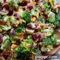 A close-up of the delicious gluten-free broccoli crunch salad, ready to be served.