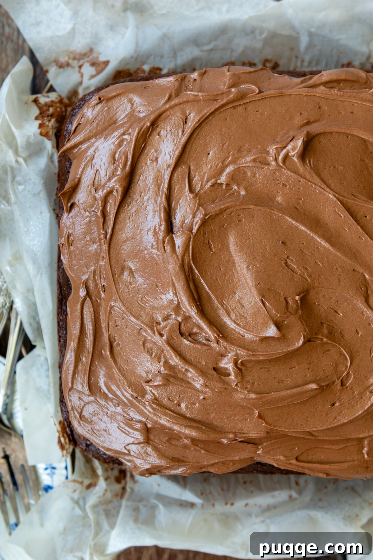 Overhead shot of a beautifully frosted oat flour chocolate cake, ready to be sliced.