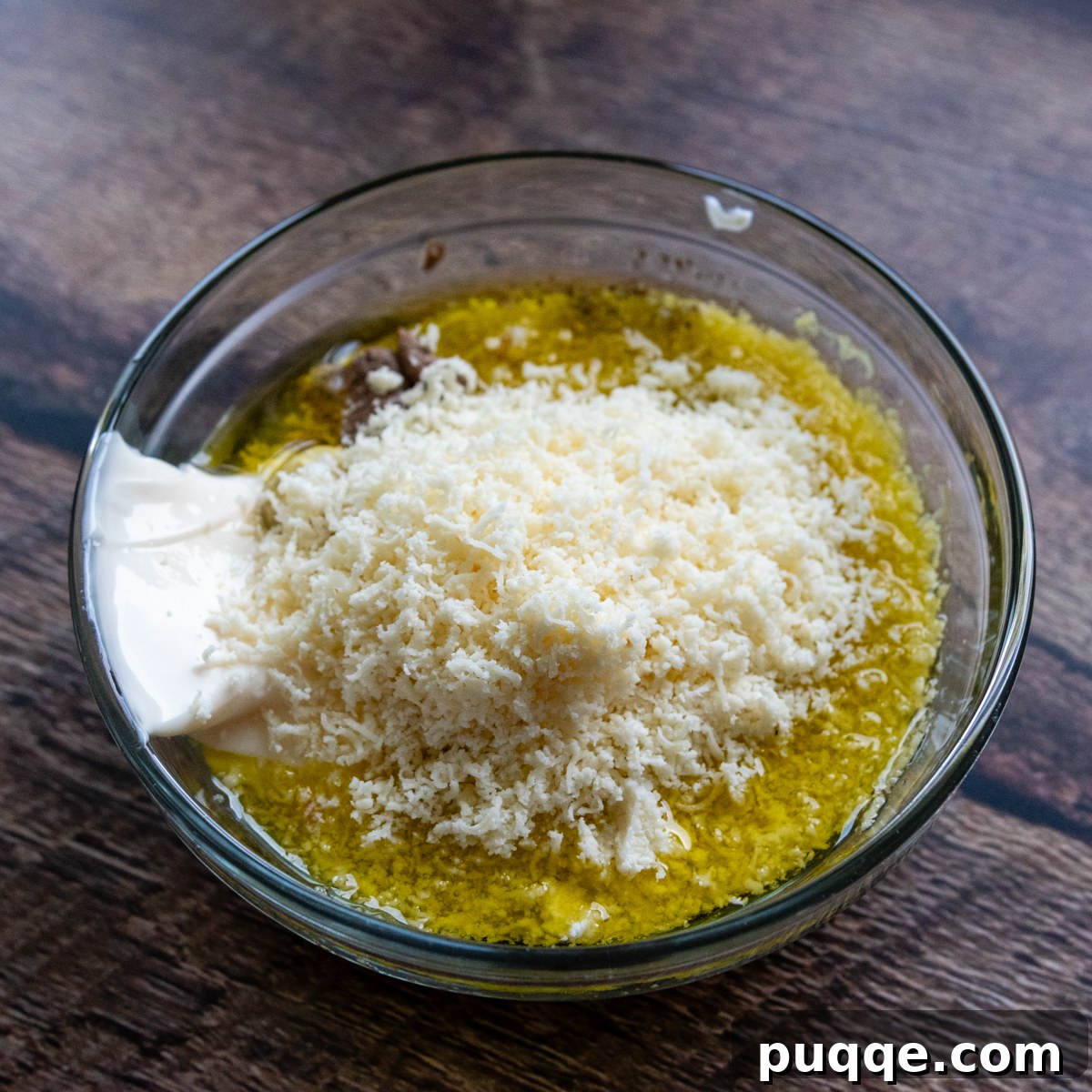 Ingredients for the Caesar dressing, expertly prepared in a glass bowl.