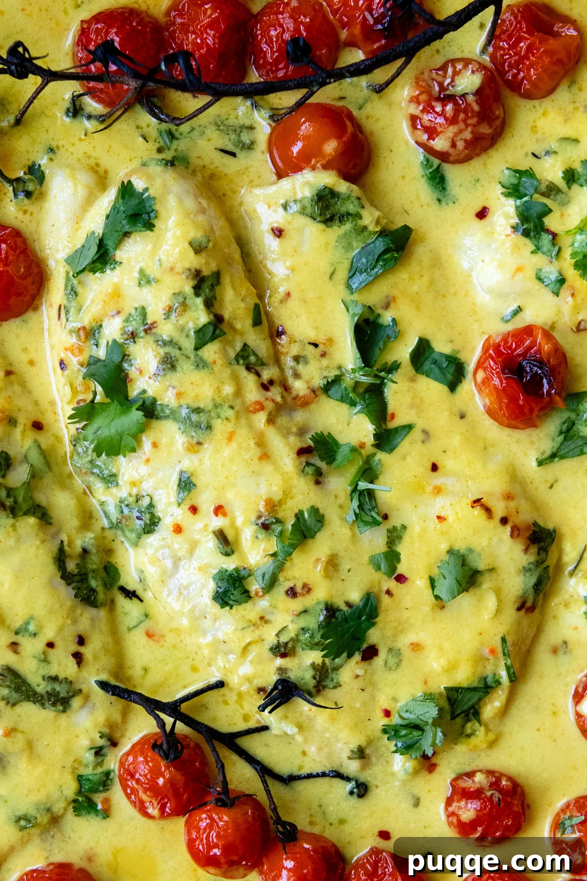 Close up of completed coconut fish recipe, showcasing perfectly baked fish and blistered tomatoes.
