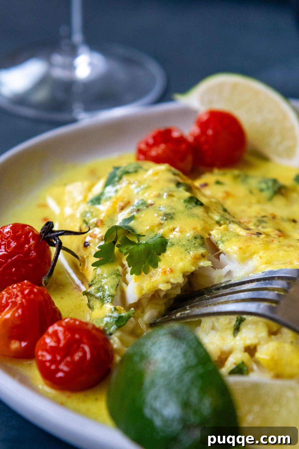 A fork flaking a piece of perfectly cooked coconut fish, garnished with roasted tomatoes on a white plate.