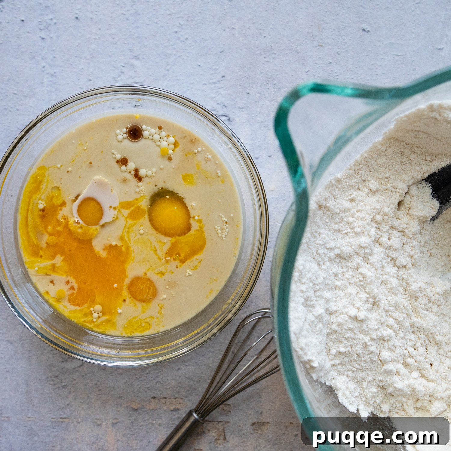 Liquid ingredients in a glass bowl next to dry ingredients.