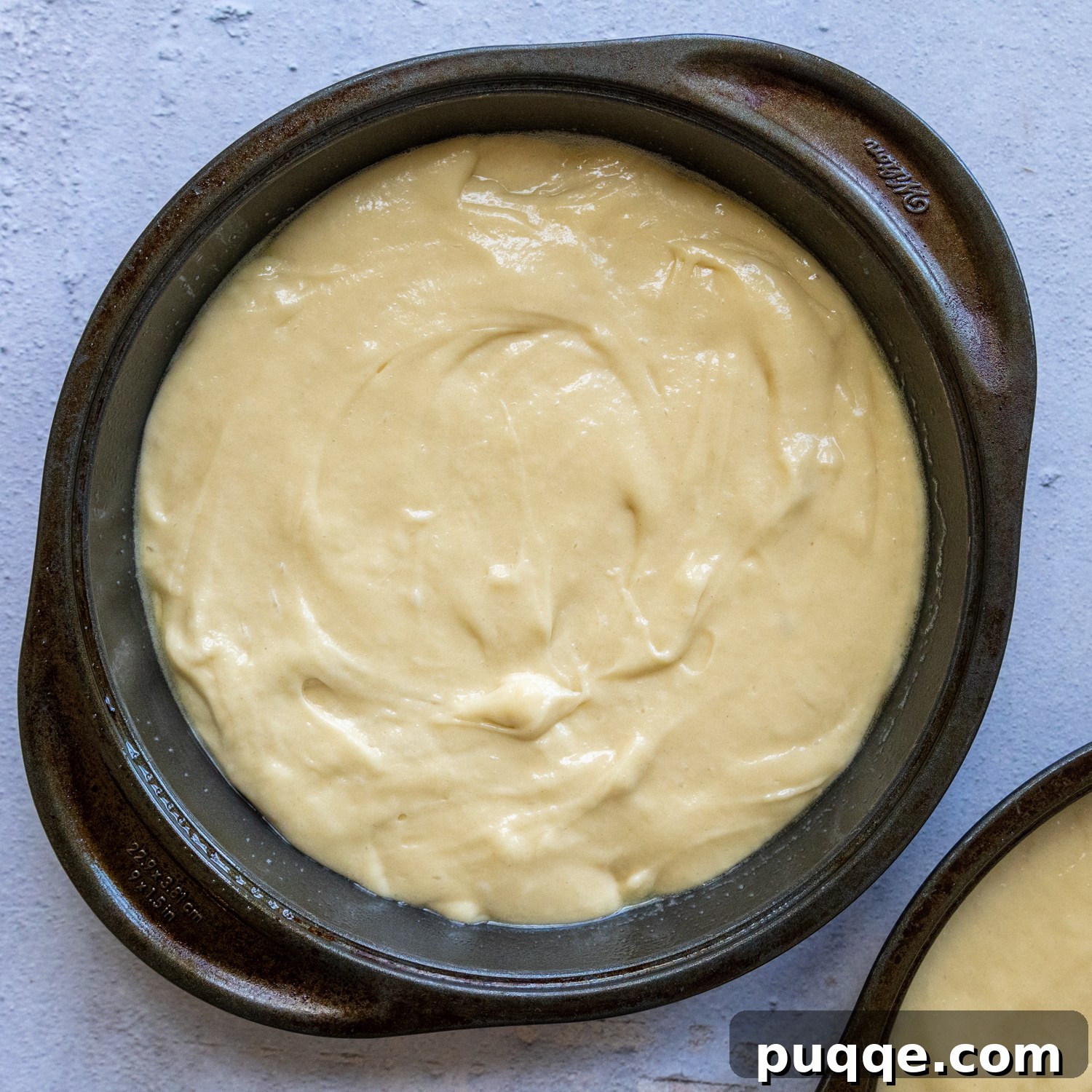 Cake batter in a a cake pan.