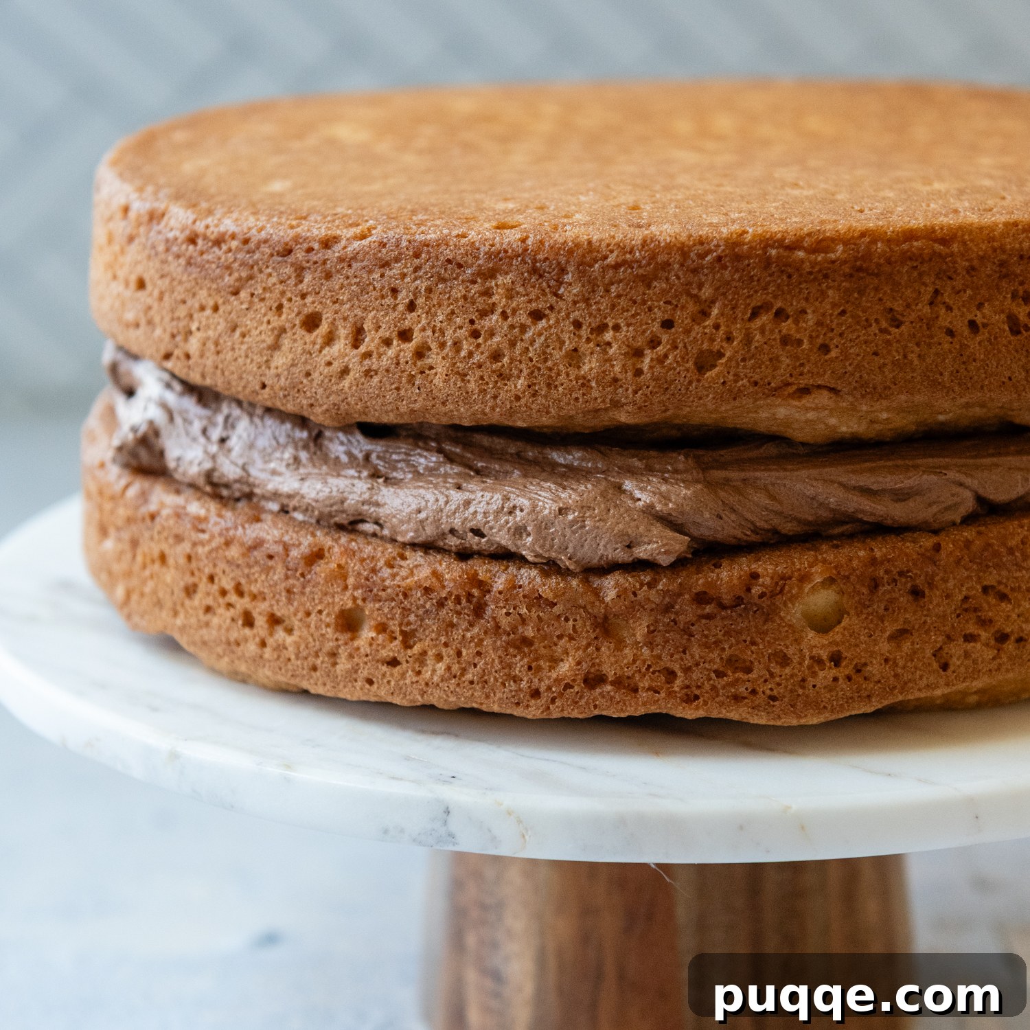 Bottom layer of cake topped with a layer of frosting and a top layer of cake on a cake stand.