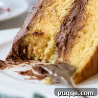 Gluten-Free yellow cake slice laying on it's side on a white plate with a fork.