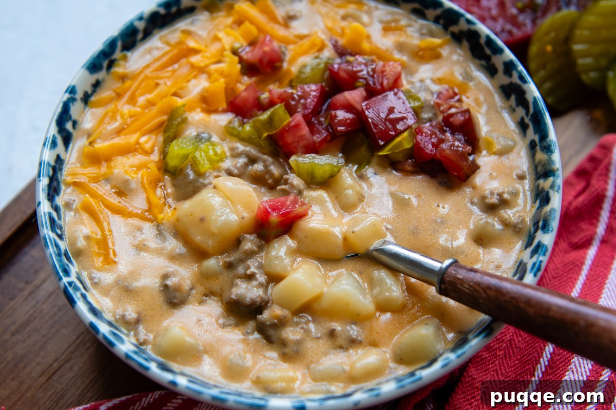 A close-up, overhead shot of a bowl of gluten-free cheeseburger soup, garnished with various toppings, with a spoon taking a scoop.