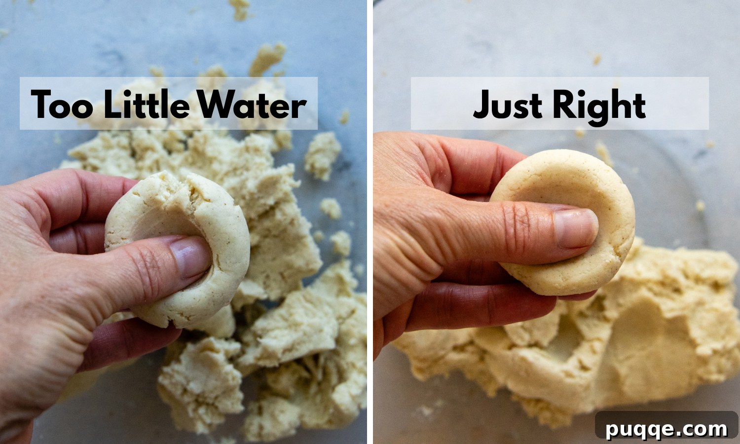 Thumb pressing into dough to show right and wrong consistency.