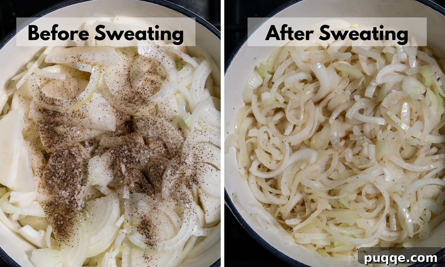 Easy Gourmet Gluten-Free French Onion Soup 4 Two side-by-side images showing onions: one before sweating, illustrating their raw state, and the other after the initial sweating phase, showing softened and translucent onions.