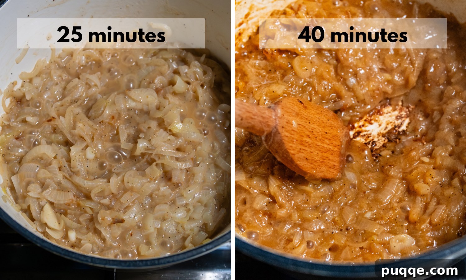 Easy Gourmet Gluten-Free French Onion Soup 5 Two images demonstrating onion caramelization progress: one at 25 minutes, showing light browning, and another at 40 minutes, indicating deeper golden-brown color and reduced volume.
