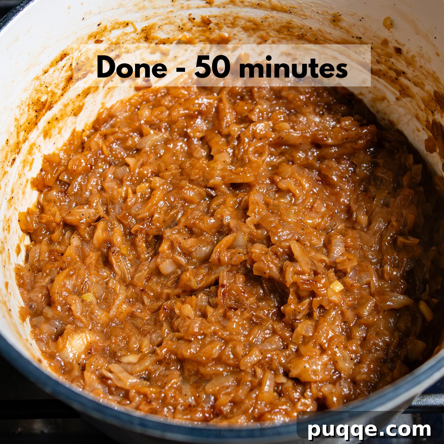 Easy Gourmet Gluten-Free French Onion Soup 6 Image of perfectly caramelized onions after 50 minutes of cooking, showcasing their rich, dark golden-brown color and glossy texture, signaling they are fully cooked.