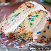 Fluffy Gluten-Free Funfetti Birthday Delight 10 A piece of Gluten-Free Birthday cake on a glass plate, beautifully presented.