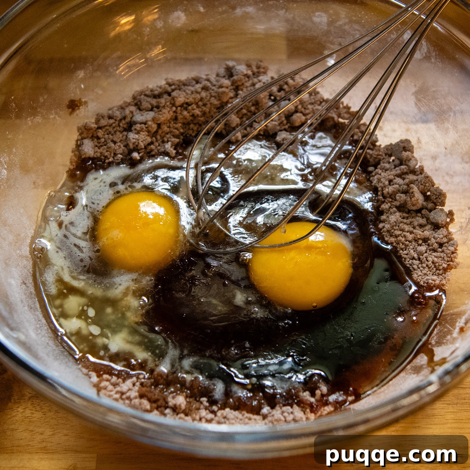 Filling ingredients, including eggs, being whisked in a clear glass bowl, showcasing the rich texture.