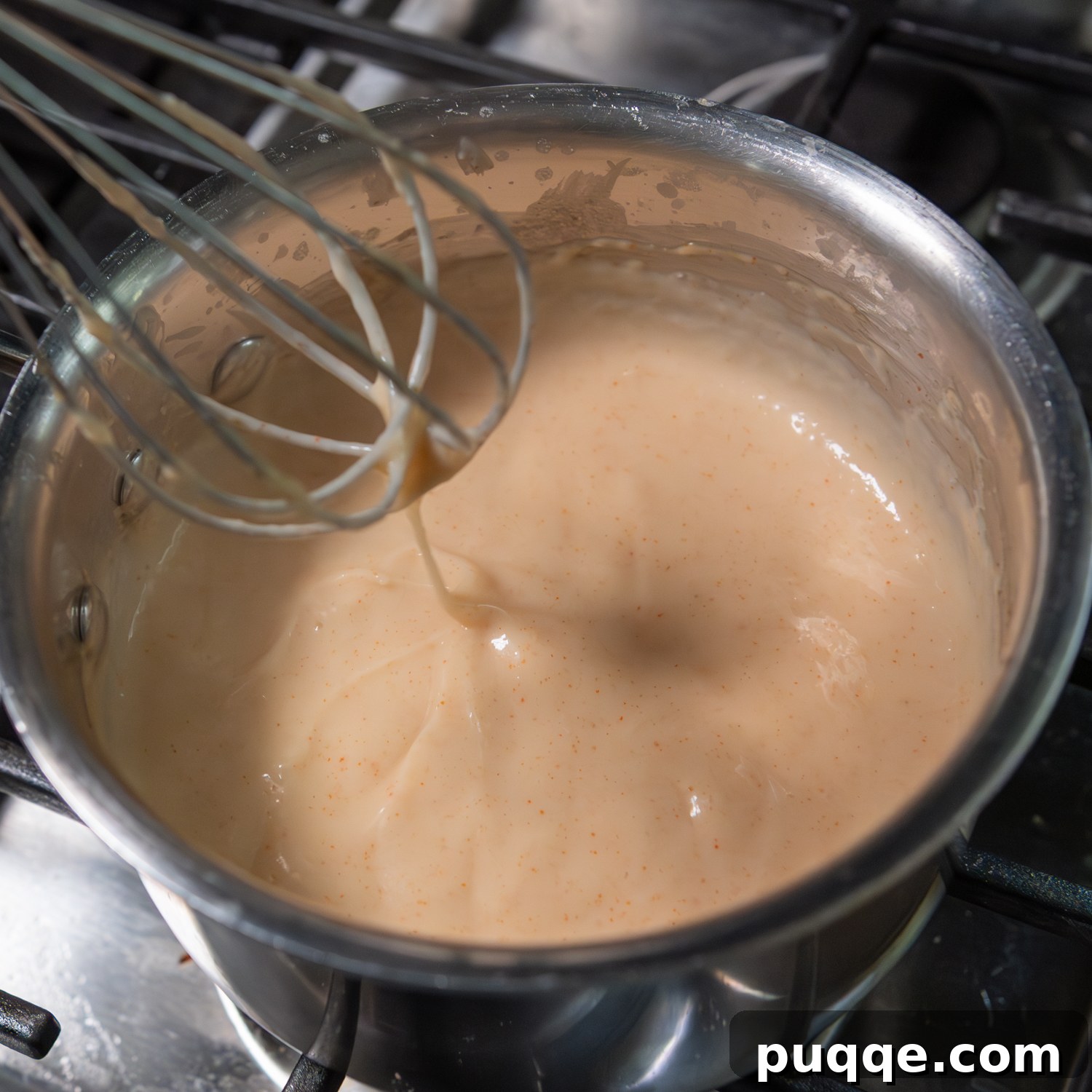Ultimate Cheesy Gluten-Free Hash Brown Bake from Scratch 4 A rich, creamy, homemade gluten-free cream sauce being continuously whisked in a saucepan, demonstrating the thickening process.