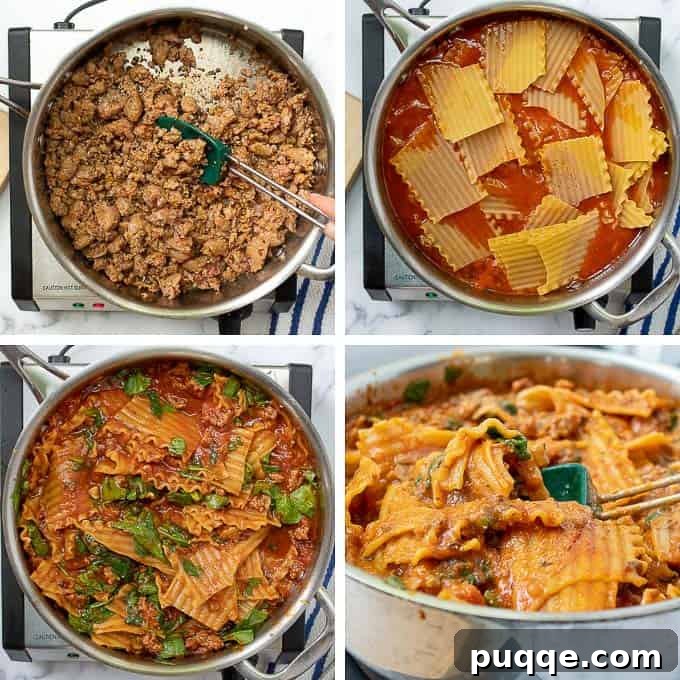 One-Pan Ricotta Spinach Lasagna 3 A visual step-by-step guide showing the process of making skillet lasagna, from browning sausage to adding noodles and cheese.