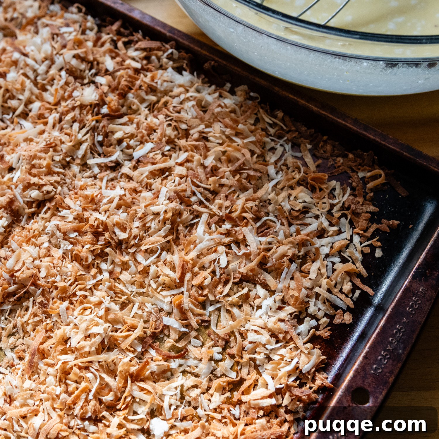 Double Coconut Flan Delight 6 Close-up of toasted shredded coconut, golden and fragrant.