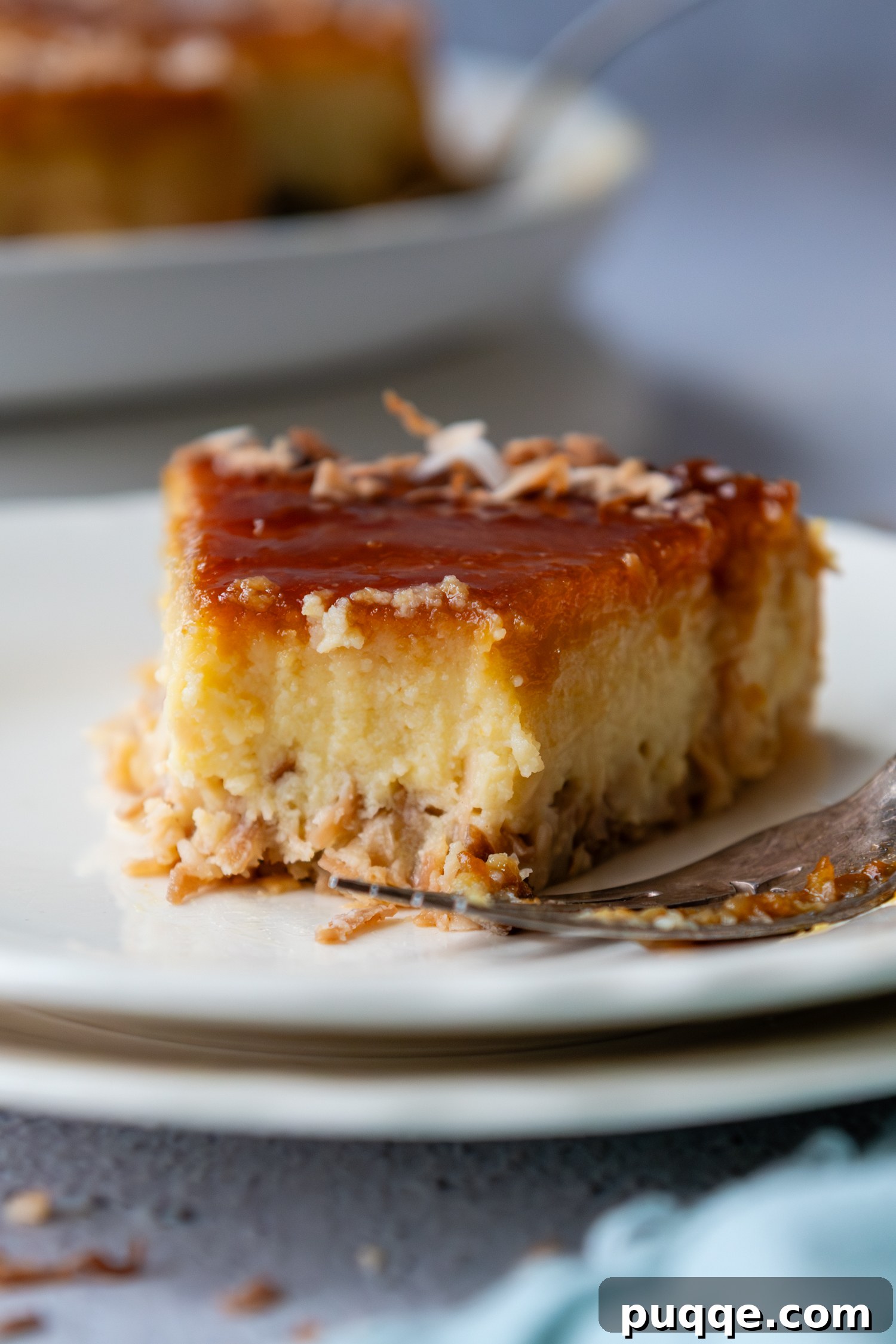 Double Coconut Flan Delight 9 A slice of coconut flan on a plate, clearly showing the distinct layers of caramel, creamy custard, and toasted coconut crust.