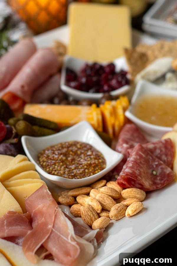 Creative Charcuterie Boards 3 Close-up view of a charcuterie board featuring a rich assortment of cured meats, various cheeses, nuts, and grapes, highlighting intricate details.