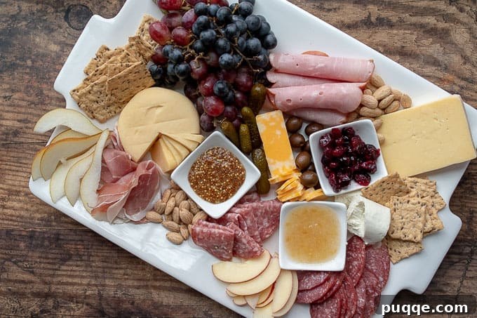 Creative Charcuterie Boards 7 Overhead view of a partially completed charcuterie board, surrounded by small plates, showing the process of filling in gaps with various snacks.