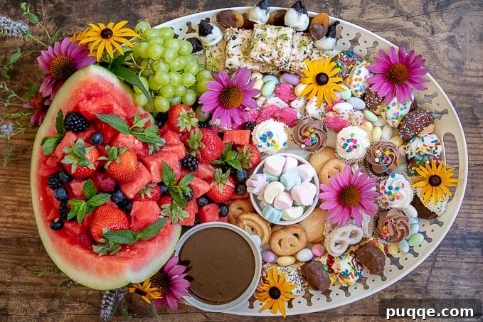 Creative Charcuterie Boards 9 A vibrant dessert platter adorned with fresh flowers, showcasing an array of sweet treats perfect for any celebration.