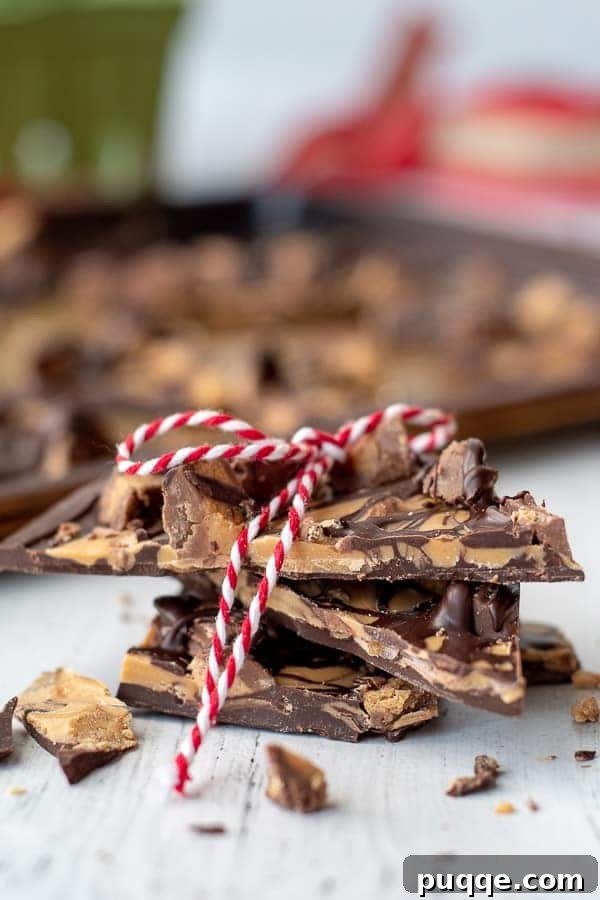 Gluten-Free 3-Ingredient Chocolate Peanut Butter Bark 8 A stack of delicious Tiger Butter pieces, artfully tied with a festive red and white ribbon, ready for gifting.