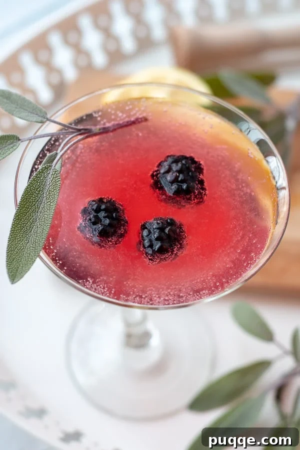 The Ultimate Blackberry Martini 3 An elegant overhead shot of a blackberry martini, garnished with a vibrant sage leaf, ready for enjoyment.