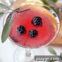 The Ultimate Blackberry Martini 7 An overhead shot of a blackberry martini with a sage leaf resting on top, showing its vibrant color.
