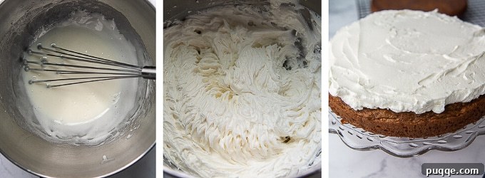 Dreamy Homemade Oatmeal Creme Pie Cake 5 Images depicting the steps for making the fluffy white creme filling.