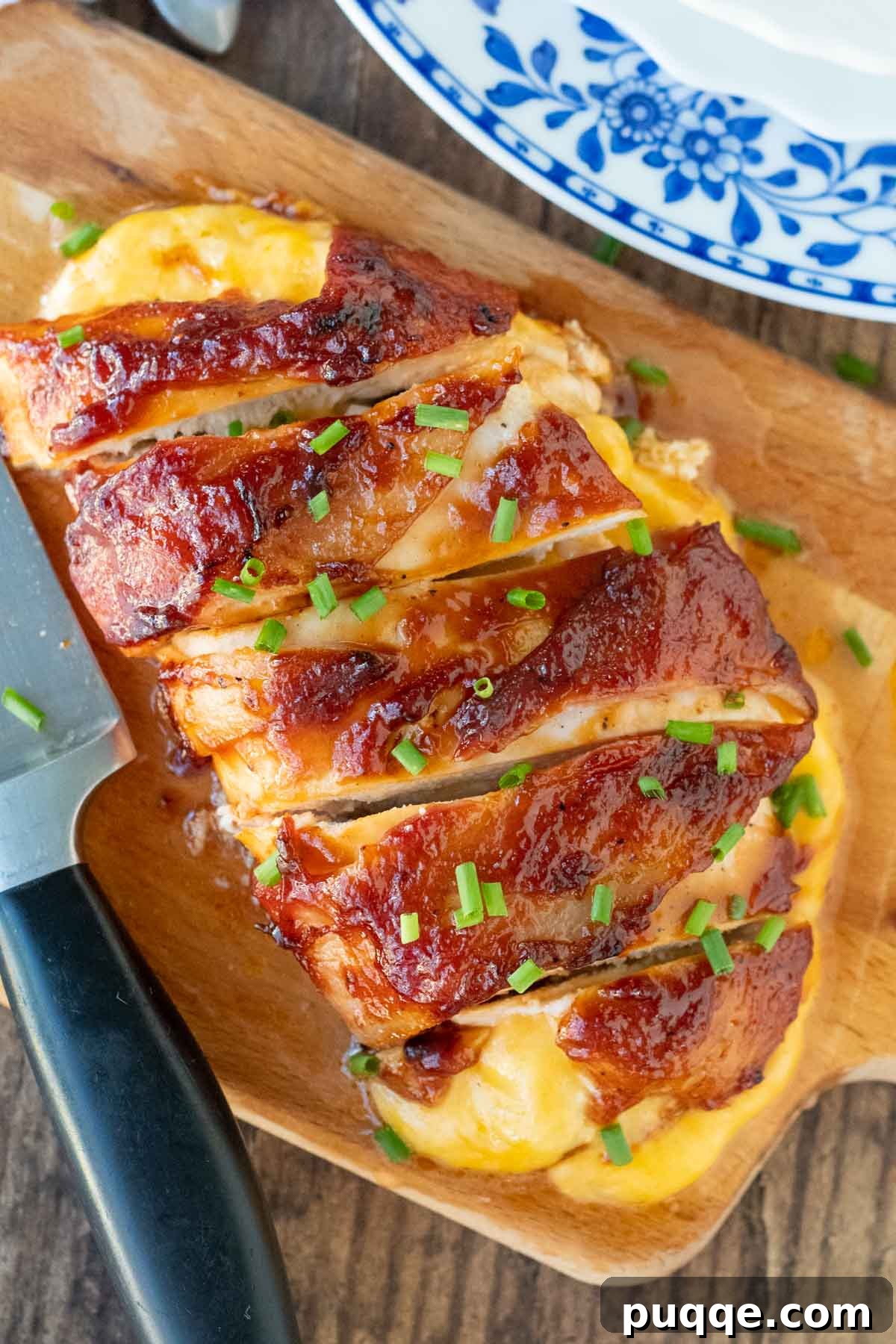 Overhead shot of two BBQ bacon wrapped chicken breasts, sprinkled with chives, ready to serve.